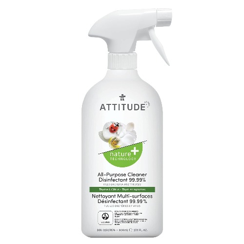 ATTITUDE Multipurpose Cleaner Disinfectant 99.99%, Effective On Germs, All-Purpose Cleaner Solution, Thyme & Citrus, 800 mL - 