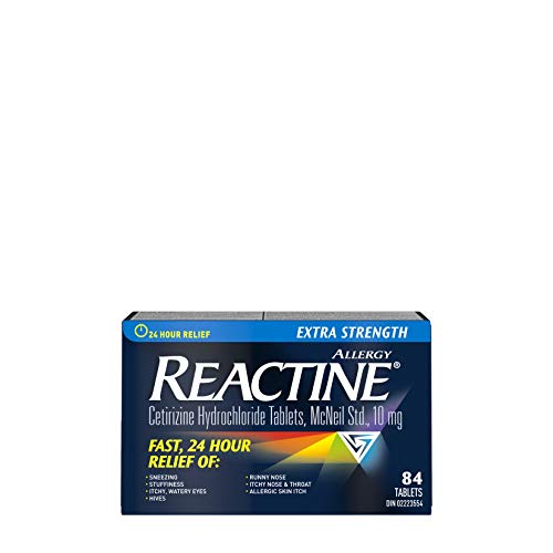 Reactine Extra Strength Antihistamine Tablets - 10mg Cetirizine Hydrochloride - 24 Hour Allergy Relief Medicine - 84 Count - 84 Count (Pack of 1)