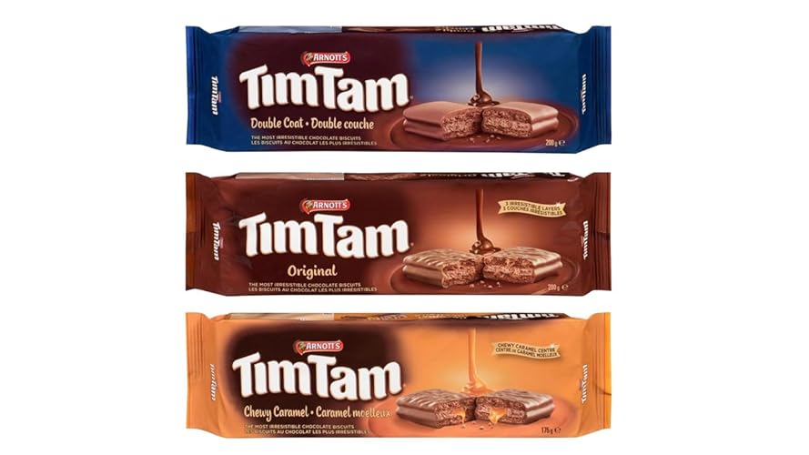 Australian Cookie Variety Bundle. Includes a Variety of (3) Different Flavours of Tim Tam Cookies with BIG MAPLE Trivia Cards. Flavours Include Chocolate Double Coat, Original, Chewy Caramel. Australian Snack for School, Office, Party, Students, Holidays