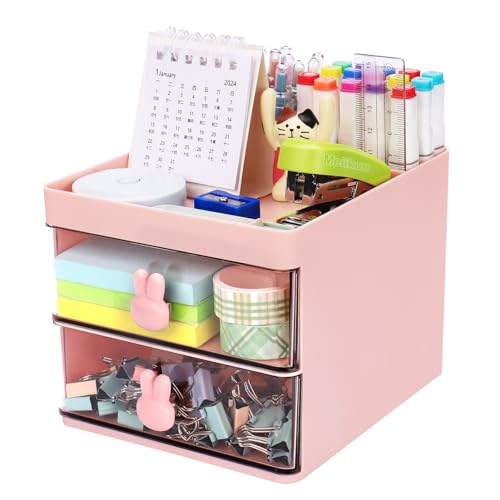 Meiikun Desk Organizer with 2 Drawers, 2 Compartments & a Top Tray, Small Pen holder for Desktop, Cute Makeup Brush Holder, Office Accessories Home Organization for Women, 13cm x 15cm x 11.5cm (Pink) - 3 Compartments + 2 Drawer (Pink)