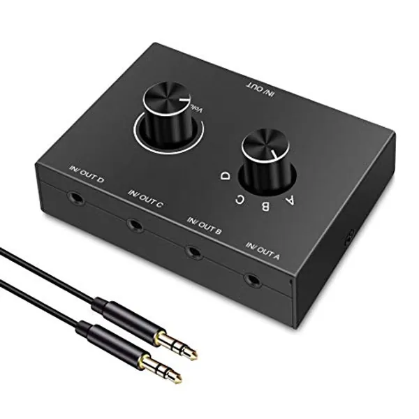 4 Way 3.5mm Stereo Audio Switch, AUX 3.5mm Audio Switch Audio Switcher Passive Speaker Headphone Manual Selector Splitter Box Audio Sharing (4/1 in -1/4 Out)