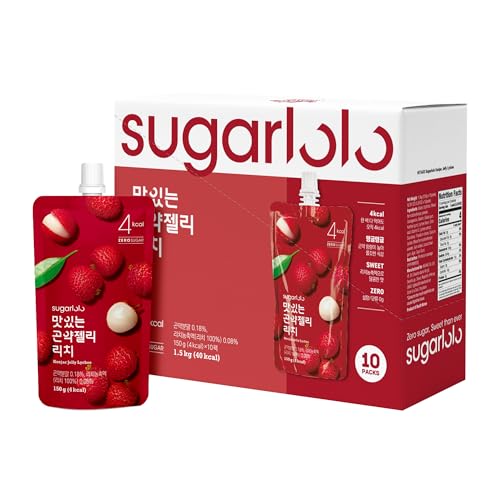 Sugarlolo Konjac Sweet Lychee Jelly Snack - 5.29 Oz (150g) | 10 Pack | Only 4 Calories per Pouch | Vegan Jello with Zero Sugar | Low Calorie Korean Snacks