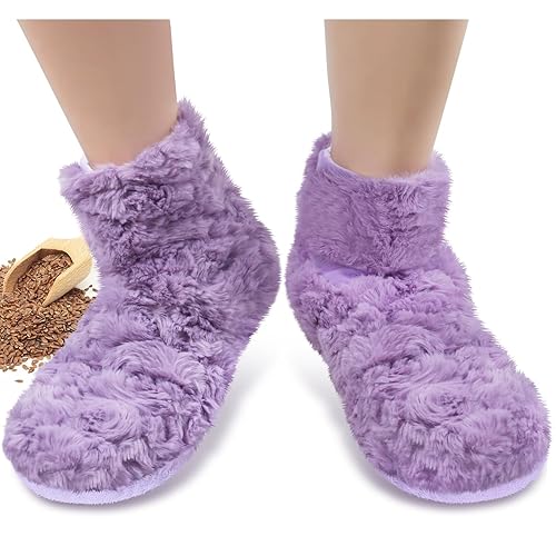 REVIX Microwavable Booties and Hot Feet Warmers for Women & Men,Heated Foot Warmer with Flaxseed Moist Heat Therapy for Foot Ankle Pain,Plantar Fasciitis, Achilles Tendinitis, Cold Feet, Purple, S/M - Purple - Small-Medium