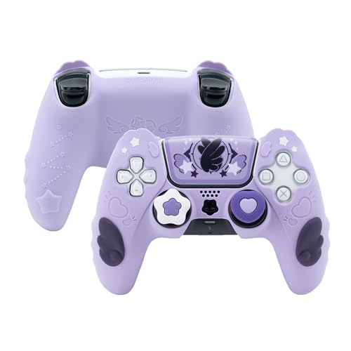 GeekShare PS5 Controller Skin Set,Anti-Slip Silicone Protective Cover Skin Case for Playstation 5 Wireless Controller with 2 Thumb Grip Caps and 2 Stickers - Star Wings Series (Purple) - Purple