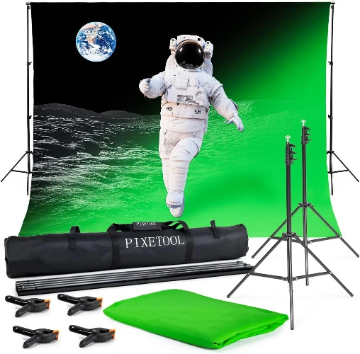 Pixetool - Greenscreen mit Ständer (3m x 3m) - Fotohintergrund - Fotostudio – Green Screen - Hintergrund Fotografie - Inklusive Ständer (2,6 x 3m) und 4 Klemmen - Greenscreen mit Ständer