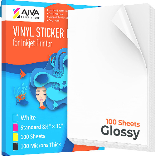 Printable Vinyl Sticker Paper - Waterproof Decal Paper for Inkjet Printer - 100 Self-Adhesive Sheets - Glossy White - Standard Letter Size 8.5"x11" - 100