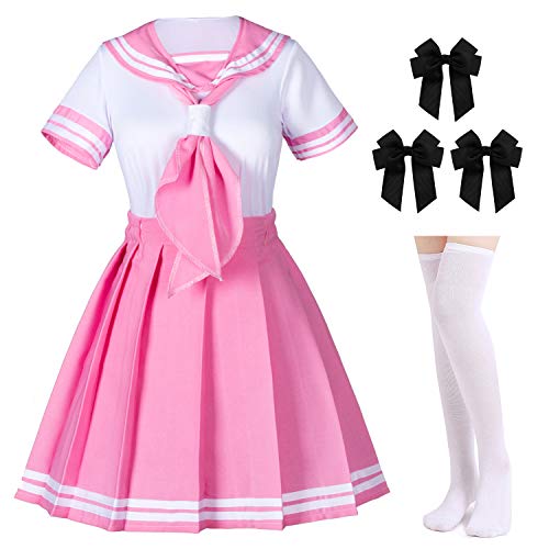 Elibelle Classic Japanese Anime School Girls Pink Sailor Dress Shirts Uniform Cosplay Costumes with Socks Hairpin set - X-Small--Asia S - Pink