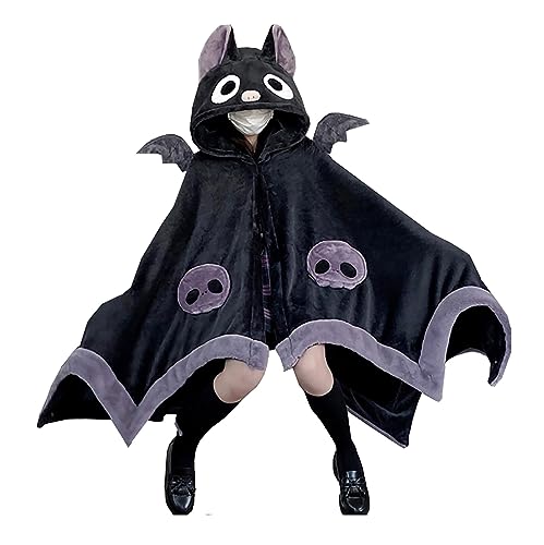 YEMOCILE Women’s Bat Cape Halloween Fuzzy Fluffy Cloak Goth Skull Print Kawaii Button Warm Hoodie Coat Streetwear - Small - Purple