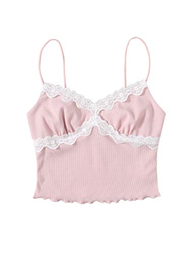 SweatyRocks Women's Lace Patchwork Spaghetti Strap Crop Cami Cute Ribbed Knit Slim Fit V Neck Camisole Tank Tops - Small - Pink