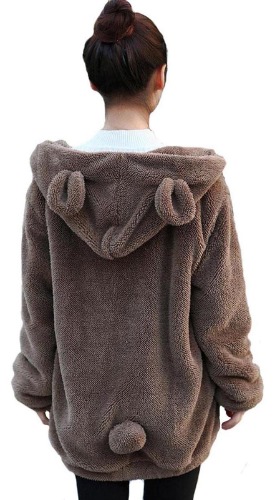 Women Fashion Bear Tail Hoodies,Fluffy 2-ply Sherpa Winter Rabbit Ear&Tail Hooded - Brown Bear