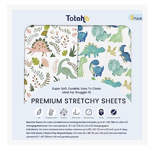 Premium Soft Dinosaur Bassinet Fitted Sheets, TotAha Stretchy Jersey Knit Bassinet Sheets for Baby Boy Girl, Ultra Breathable Bassinet Cover Universal for Oval, Rectangle Hourglass Bassinet Mattress - Cute Dino & Leaf Dinosaur - Bassinet Sheets