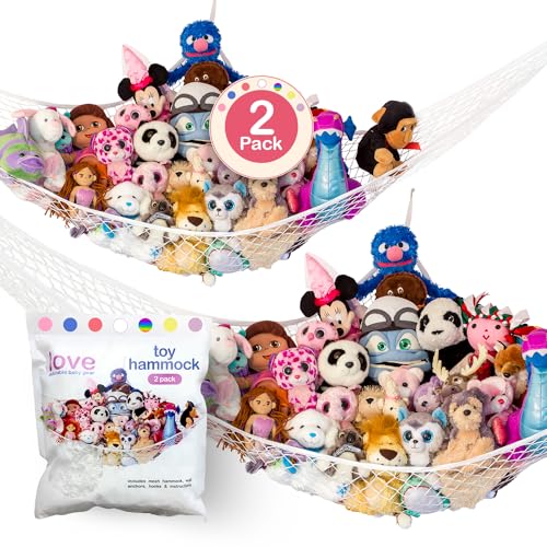 Lilly's Love Stuffed Animal Net Hammock for Plushie Toys - Large 2 Pack | Corner Hanging Pet Storage for Organizing your Teddy and Stuffy Collection | Easy to Hang w/Included Anchors & Hooks (White) - Original White - Large