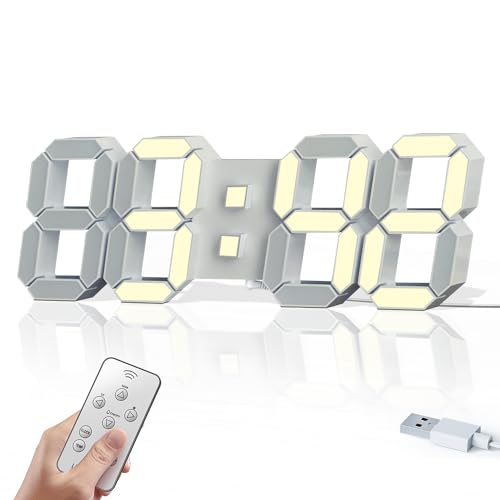 COVERY Digital Wall Clocks - 15'' 3D LED Aesthetic Clock, One-Touch Light Switch for Bedroom, Kitchen, Home - Alarm, Remote, Dimmer, Thermometer -Warm Light and Modern White Frame - 15 Inch Warn Light