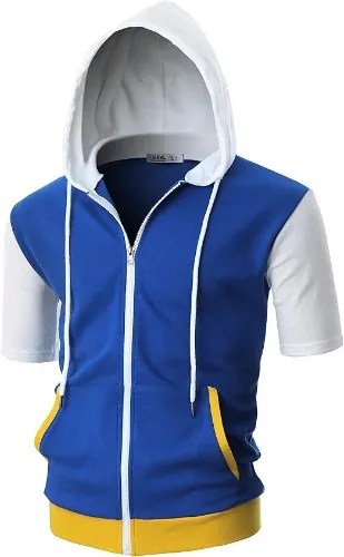Ohoo Mens Slim Fit Short Sleeve Lightweight Zip-up Hoodie With Kanga Pocket - Large Dcf057-blue / White