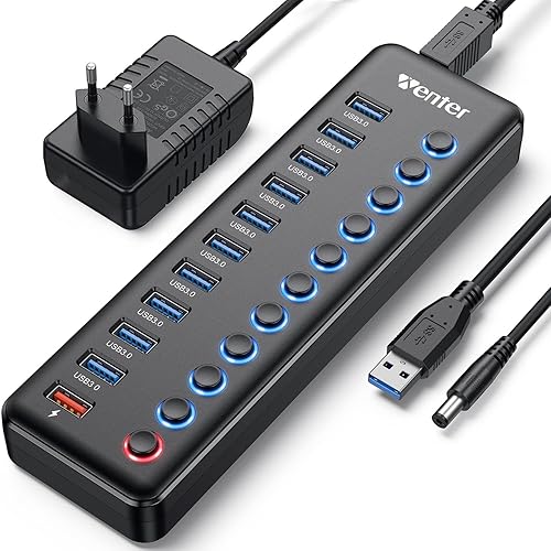 Powered USB Hub, Wenter 11-Port USB Splitter Hub (10 Faster Data Transfer Ports+ 1 Smart Charging Port) with Individual LED On/Off Switches, USB Hub 3.0 Powered with Power Adapter for Mac, PC - 10 USB 3.0 ports + 1 Charging port