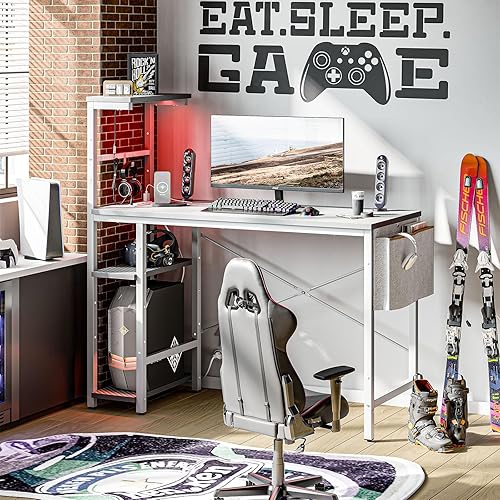 Bestier Gaming Desk with Power Outlets, 44 Inch Led Gamer Desk with 4 Tiers Reversible Shelves, PC Gaming Table with Headset Hook & Side Storage Bag for Bedroom (Grey 3D Carbon Fiber) - 44 Inch with Power Outlets - Grey 3d Carbon Fiber