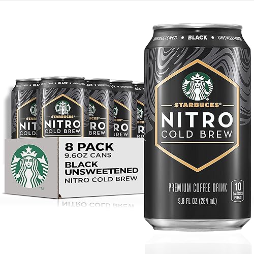 Starbucks Nitro Cold Brew Coffee, Black Unsweetened, 9.6 fl oz Cans (8 Pack), Iced Coffee, Cold Brew Coffee, Coffee Drink - Black Unsweetened - 9.6 Fl Oz (Pack of 8)