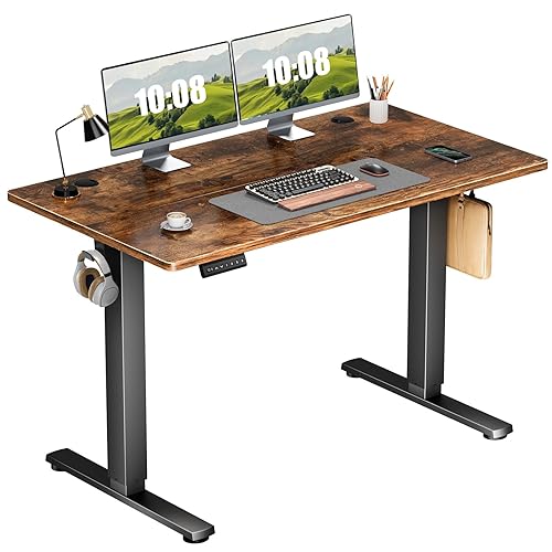 Sweetcrispy Electric Adjustable Height Standing Desk - 48 x 24 inch Sit to Stand Up Desk with Splice Board, Rising Home Office Computer Table with 2 Hook and Wire Hole for Work - Rustic Brown - 48 x 24IN