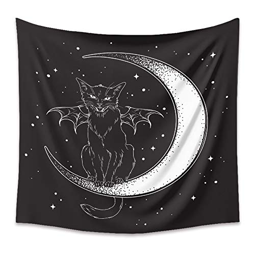 DYRLHZ Black and White Wing Cat on Moon Tapestry, Creepy Hippie Spooky Monster Wall Hanging Tapestry, for Living Room Bedroom Home Decor (59'' x 79'', Cat bat) - 59 in x 79 in - Cat bat