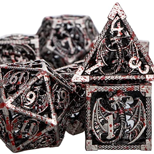 ORIFANTOU Metal DND Dice Set Hollow Polyhedral Dice with Gift Box, Blood Cool D&D Dice Dungeons and Dragons Role Playing Game RPG D and D Dice - Blood Splatter