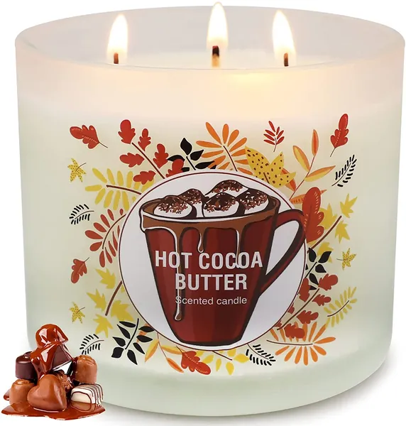 Candles for Home Scented, Large 3 Wick Hot Cocoa Butter Scented Candle, 14.6 Oz Natural Soy Wax with Essential Oils for Stress Relief, 75 Hours Long-Lasting, Candles Gifts for Women - Hot Cocoa Butter