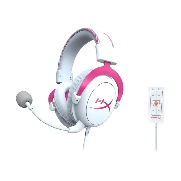 HyperX Cloud II - Gaming Headset, 7.1 Virtual Surround Sound, Memory Foam Ear Pads, Durable Aluminum Frame, Detachable Microphone, Works with PC, PS5, PS4 – White/Pink - Pink Wired Cloud II Headset