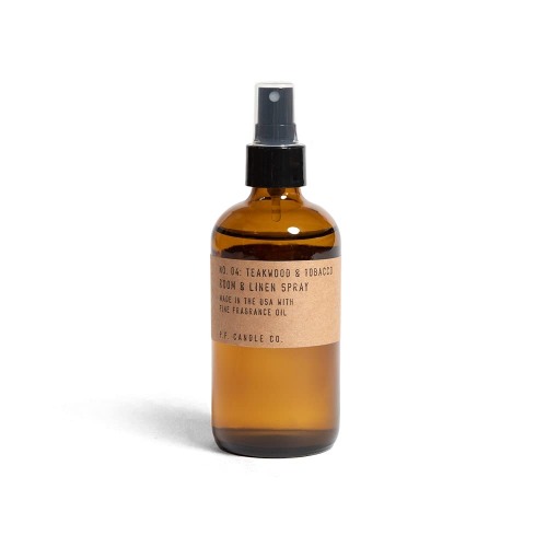 P.F. Candle Co. Teakwood & Tobacco Classic Large Scented Room & Linen Spray (7.75 fl oz) Amber Glass Bottle, Fine Fragrance Oil, Quick Fabric and Air Refresher - 7.75 Fl Oz (Pack of 1) Teakwood & Tobacco
