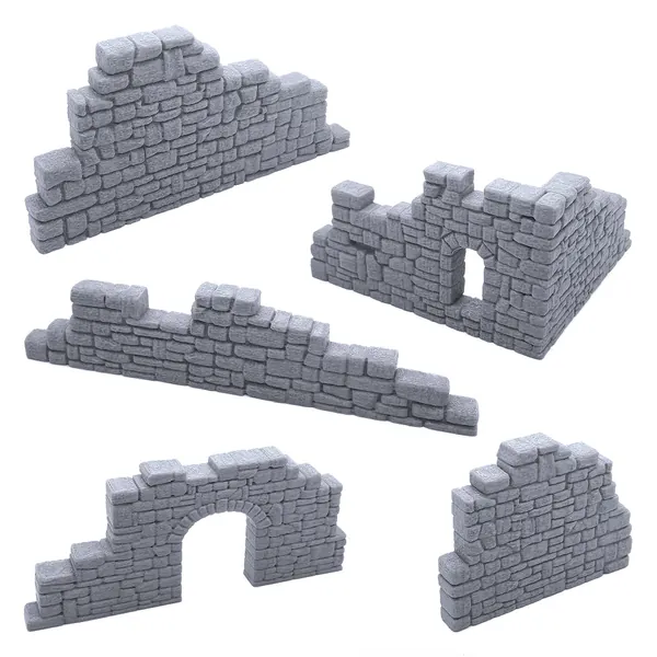 Ruined Stone Walls Set B, Terrain Scenery for Tabletop 28mm Miniatures Wargame, 3D Printed and Paintable, EnderToys - 