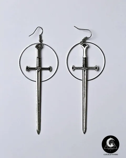 Silver circle and swords earrings, gothic earrings, witchy earrings, medieval earrings