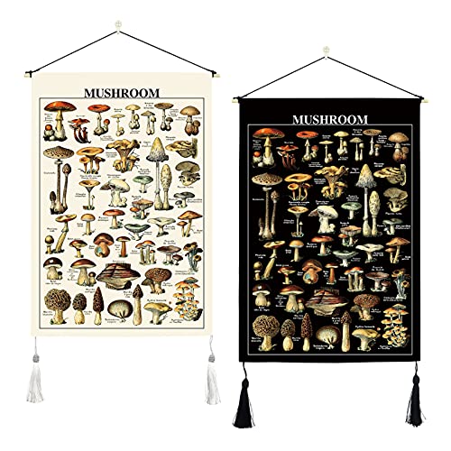 ORTIGIA 2 Pack Mushroom Tapestry with Tassels Vintage Tapestry Wall Hanging Illustrative Reference Chart Fungus Tapestry Wall Art Colorful Home Decor for Bedroom Living Room 14" W x 20" L (35cmx50cm) - vintage