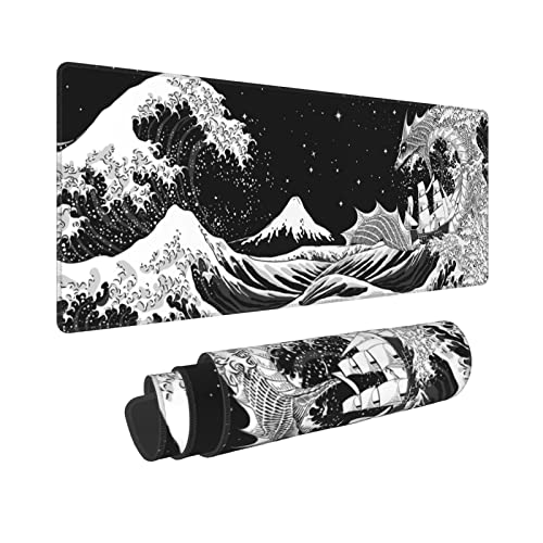 Black and White Japanese Waves Sea Dragon Gaming Mouse Pad XL, Extended Large Mouse Mat Desk Pad, Stitched Edges Mousepad, Long Mouse Pad, 31.5 X 11.8 Inch - Japan14