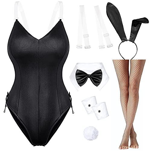 Womens Bunny Costume Girl Bodysuit Anime Role Costume senpai Cosplay Bodysuit One Piece stockings set（Black XL) - X-Large - Black