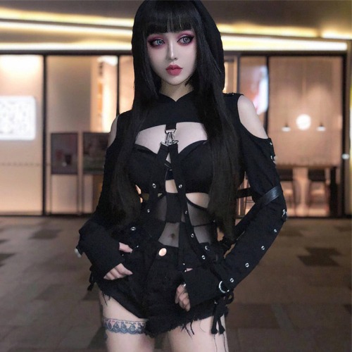 Gothic Street Hoodie Halloween Crop - L / Black