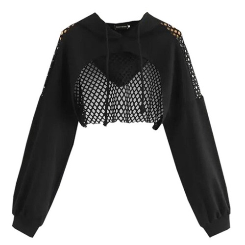 'Doomed' Black Alt Mesh Cropped Hoodie - black / XL