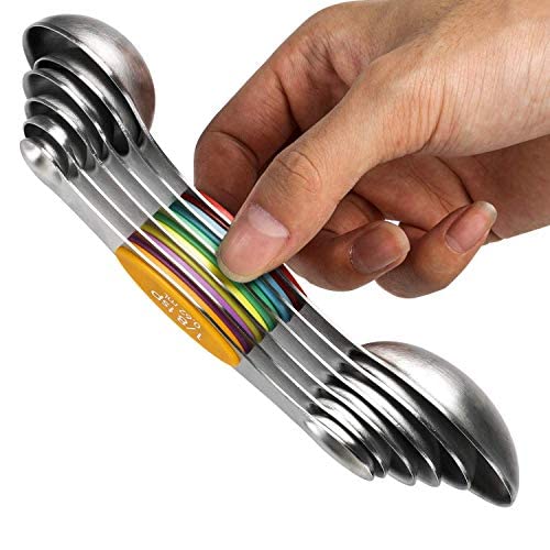 Magnetic Measuring Spoons Set of 6 Stainless Steel Dual Sided Stackable Teaspoon for Measuring Dry and Liquid Ingredients - Color