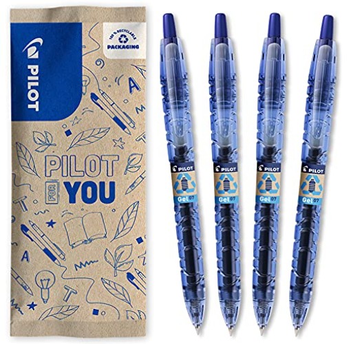 PILOT Bottle 2 Pen Gel 0.7, Gelschreiber, Hergestellt aus recyceltem Kunststoff, (Blau), mittlere Spitze, 1 stück (4er Pack) - 1 stück (4er Pack) - Blau
