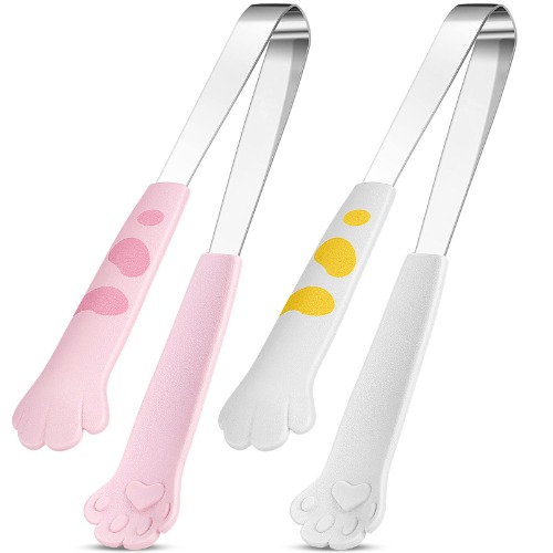Cat Tongs 7 Inch Food Clips Kitchen Tongs Cat Paw Shape Tongs Stainless Steel Cooking Tongs for BBQ Cooking Grilling Sweets, Sugar (2, White, Pink) - 2 White,Pink