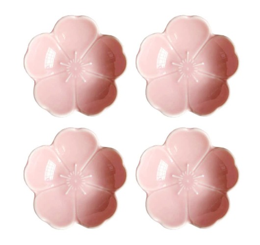 4pcs Sakura Shaped Ceramics Seasoning Dishes Spice Dishes Salad Soy Sushi Wasabi Dipping Bowls, Tea Bag Holders - Pink