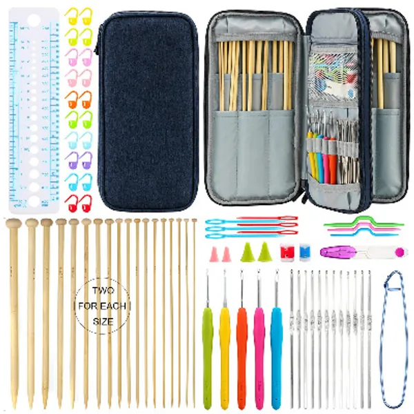 KOKNIT Knitting Needles Set, Included 18 Pairs Single Pointed Bamboo Knitting Needles, 5 Crochet Hooks with Ergonomic Handles, 12PCS Lace Crochet Hook, Accessories and Crochet Case for Any Project