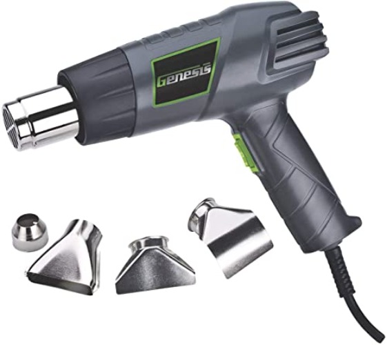 Genesis GHG1500A Dual Temperature Heat Gun Kit With Fast Heat High And Low Settings 572F/1000F, Air Reduction Nozzle, Reflector Nozzle, And Two Deflector Nozzles with 2 Year Warranty - Corded Heat Gun