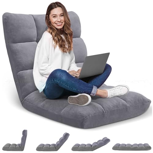 Avocahom Folding Floor Gaming Chair 14-Poistion Cushioned Adjustable Floor Lazy Sofa Chair w/Breathable Cotton & Skin-Friendly Flannel for Adults & Kids Perfect for Reading Gaming Meditating, Gray - Grey