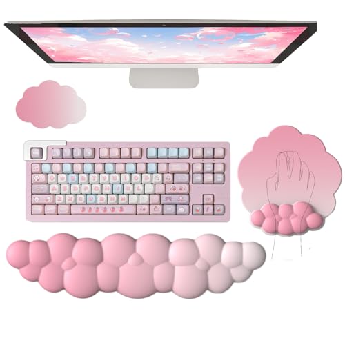 Cloud Wrist Rest Keyboard Pink Mouse Pad Set with Wrist Rest Ergonomic Wrist Pad Memory Foam Non-Slip Base Cute Gradient Wrist Rest Support for Computer Laptop Gaming Home Office Relief Typing Pain - Silk Gradient Pink