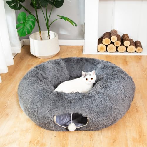 LUCKITTY Warm Fluffy Plush Cat Dog Tunnel Bed with Washable Cushion-Big Tube Playground Toys 3 FT Diameter Longer Crinkle Collapsible 3 Way, for Indoor Cat Kitty Kitten Puppy Rabbit Ferret Dark Gray - Tunnel Bed - Dark Gray
