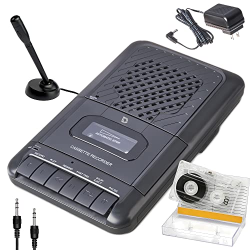 Deluxe Products Portable Cassette Player Tape Recorder. Record to Cassettes via Mic or Aux in. Built-in Speaker to Listen to Cassettes. Includes External Mic, Aux in Cable and AC Adapter - Back_CP