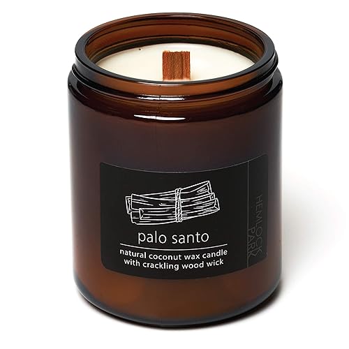 Hemlock Park Crackling Wood Wick Candle Handcrafted with Natural Coconut Wax and Essential Oils (Standard 8 oz, Palo Santo) - Palo Santo - Standard 8 oz