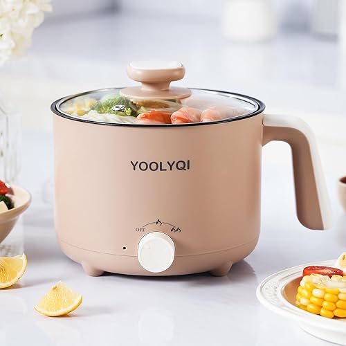 Hot Pot Electric Ramen Cooker: YOOLYQI 1.5 L Portable Lazy Pot, Dual Power Regulation , Suitable for Ramen,Noodles, Soup, Oatmeal Non-Stick Pot, Dorm, Office Must Have Multi Shabu Shabu Pot (Khaki, 1.5 L) - 1.5 L - Khaki