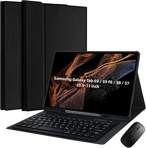 TUNKARMOR Case Keyboard for Samsung Galaxy Tab S9 FE / S9 / S8 / S7 10.9"/11" Built-in Pencil Holder with Mouse - Tab S9 FE / S9 / S8 / S7 10.9"/11" - Black