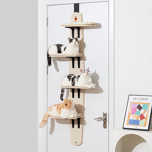 MEWOOFUN Cat Tree Door Mounted Cat Climber, Cat Shelves Cat Ladder with Removable Soft Mat, 4-Levels Over Door Cat Climber for Indoor Cats (Wooden-67.2" H X 23.4" L X 8.4”W)