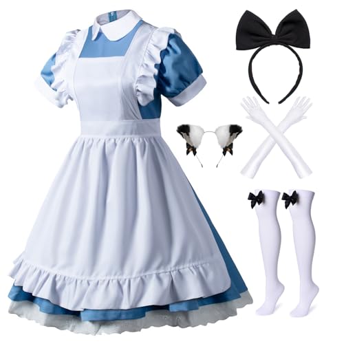 Wannsee Japanese Anime 6Pcs Lolita French Maid Apron Fancy Dress Cosplay Costume Gloves Headwear Socks set(Blue M) - Medium - 6pcs-blue