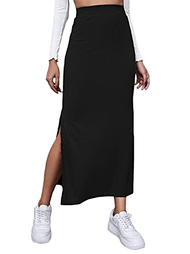 GORGLITTER Women's Split Ribbed Knit Bodycon Maxi Skirt High Waisted Side Slit Pencil Long Skirts - Medium - Black